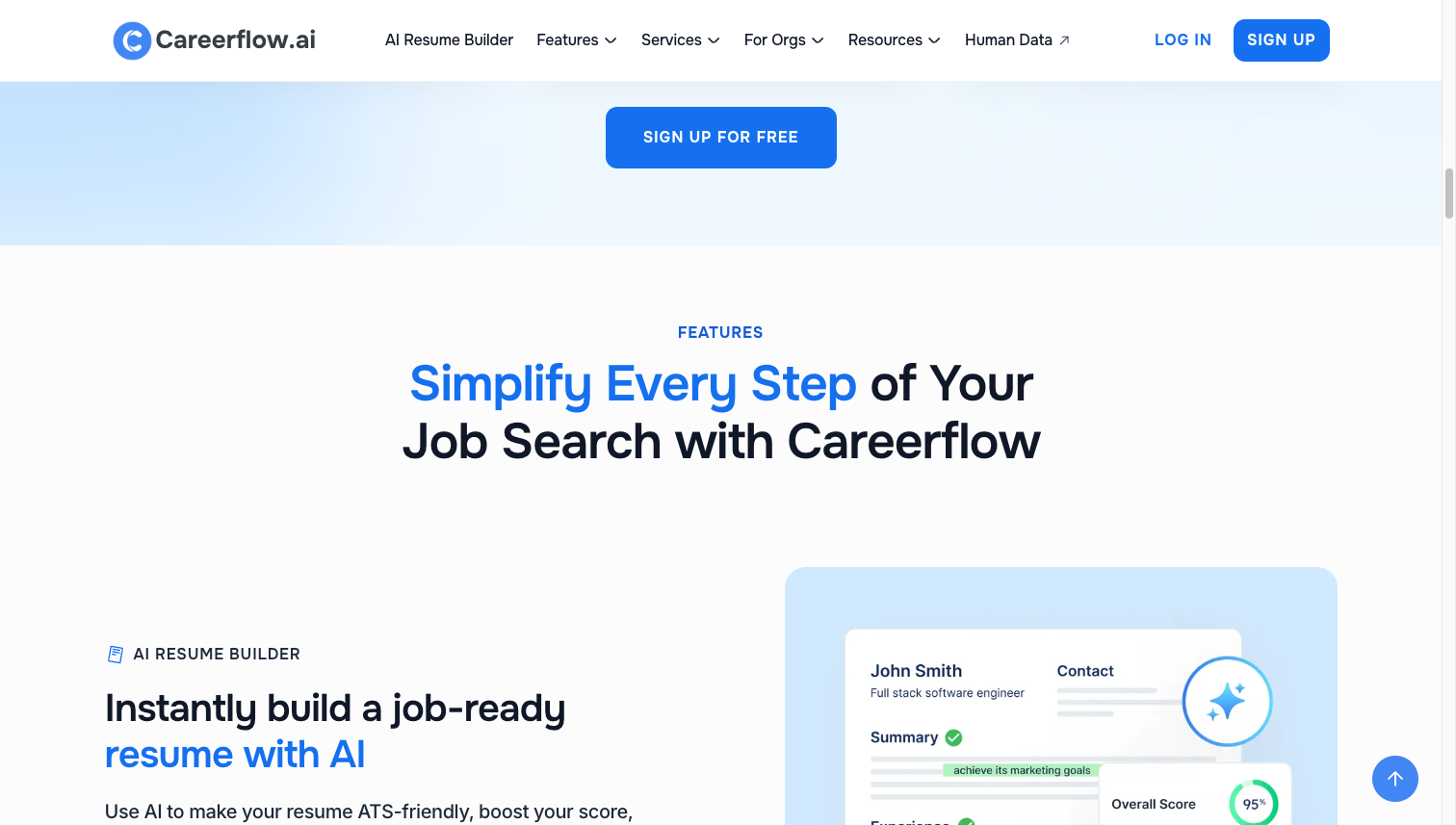 Careerflow.ai dashboard showing AI Resume Builder with 95% score and job search features