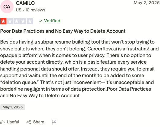 Critical Careerflow.ai review on Trustpilot - CAMILO rates 1 star citing poor data practices and account deletion issues