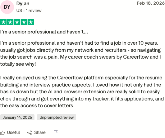 Positive Careerflow.ai review on Trustpilot - Dylan rates 5 stars praising resume building and interview practice