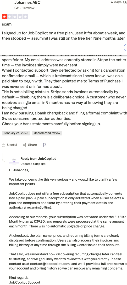 Negative 1-star Trustpilot review of JobCopilot reporting unexpected recurring charges for 9 months