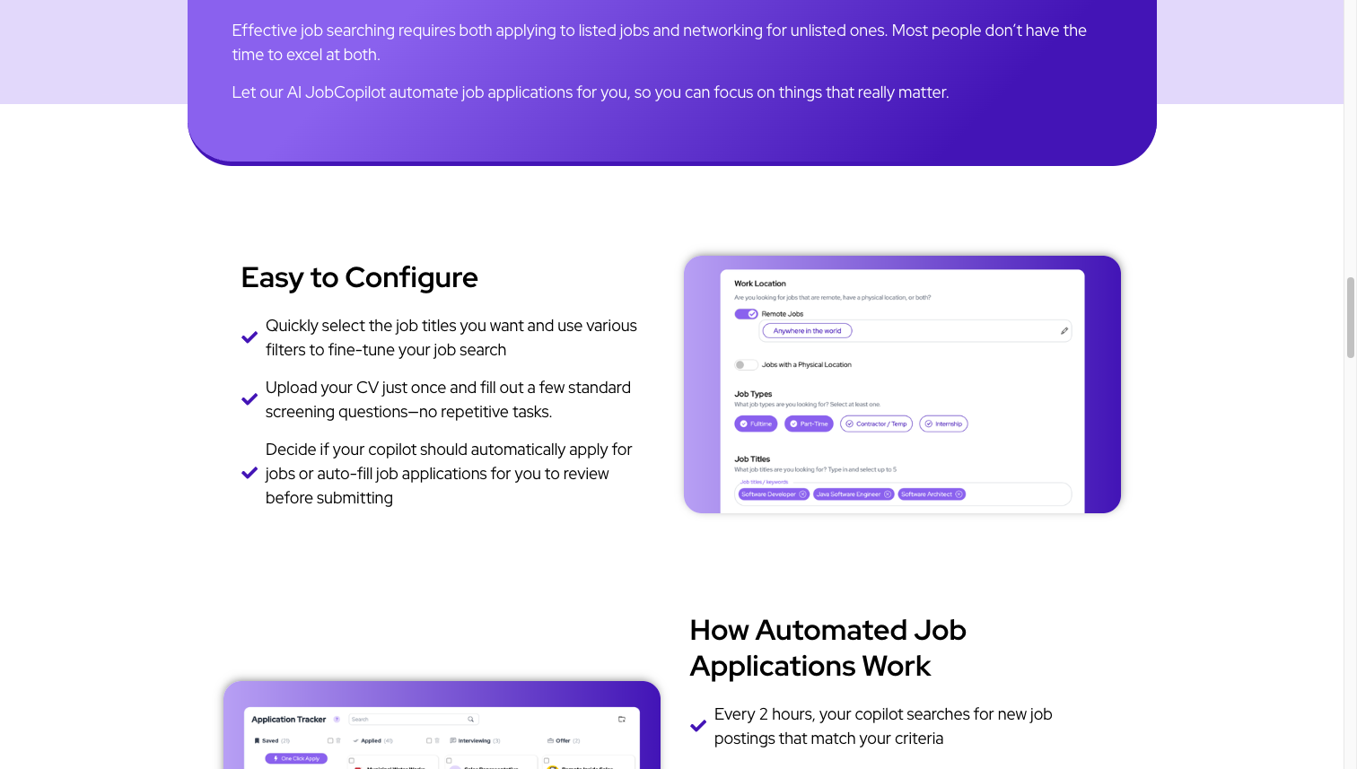 JobCopilot dashboard showing Easy to Configure job search automation with work location, job types, and job title filters