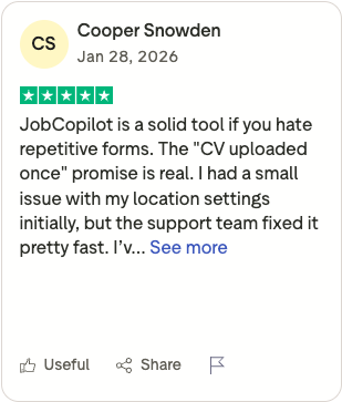 Positive 5-star Trustpilot review of JobCopilot by Cooper Snowden praising CV upload and support team