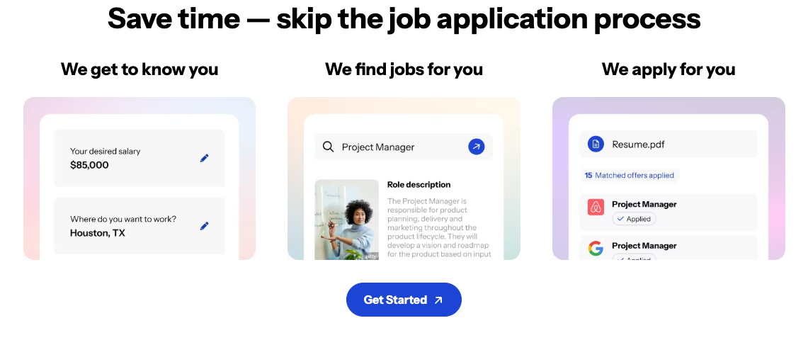 Sonara AI job search platform showing 3-step process: profile setup, job matching, and auto-apply