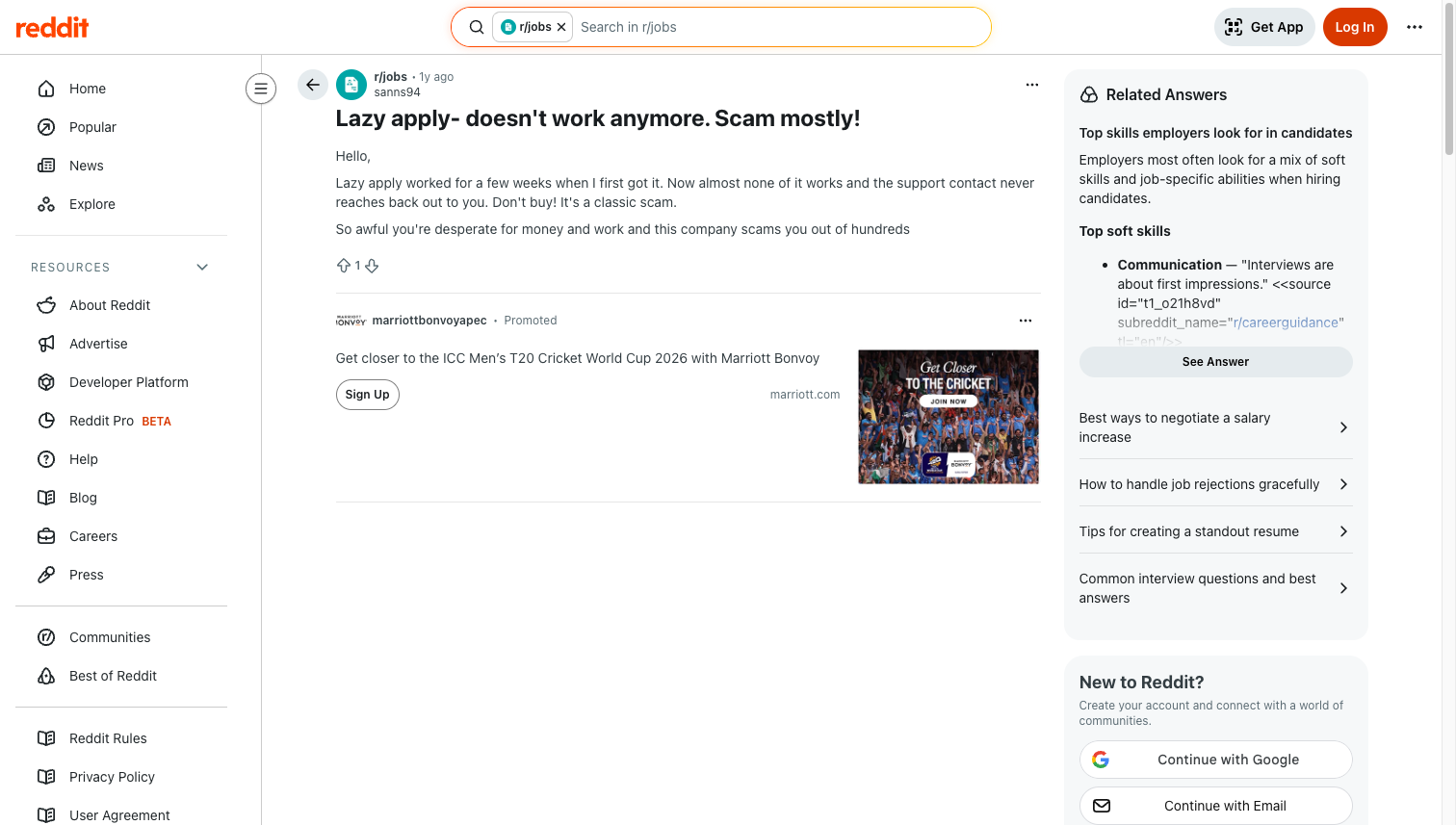 Reddit post from r/jobs titled Lazy apply doesn't work anymore - Scam mostly