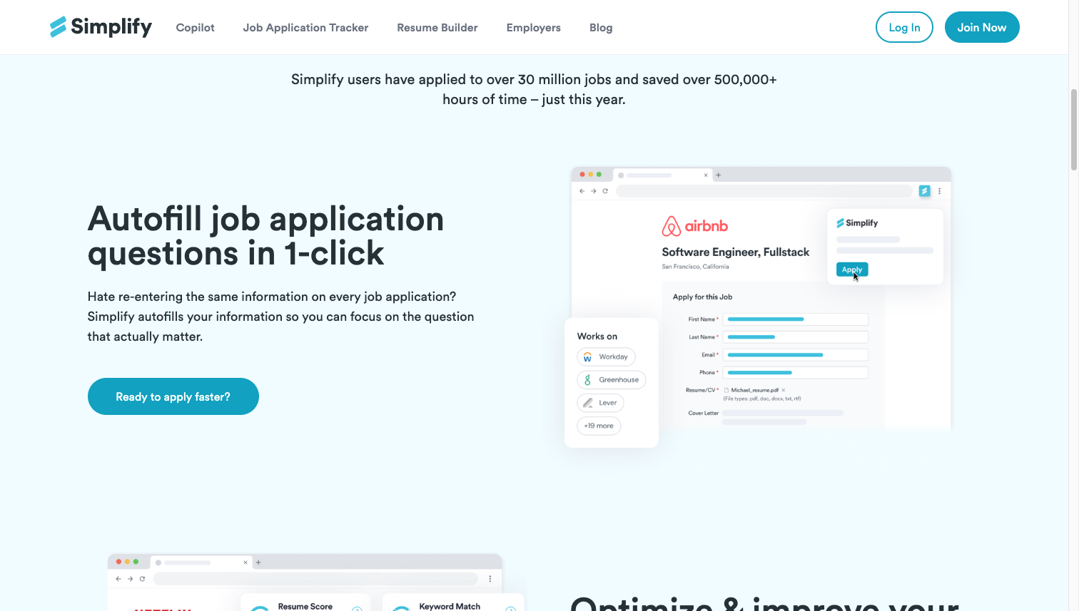 Simplify Copilot autofill feature showing 1-click job application autofill on Airbnb career page