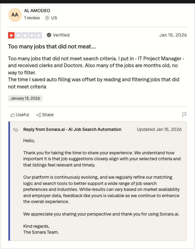 Negative 1-star Trustpilot review of Sonara reporting irrelevant job matches for IT Project Manager