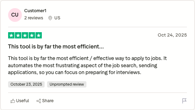 Positive 5-star Trustpilot review of LazyApply calling it the most efficient way to apply to jobs