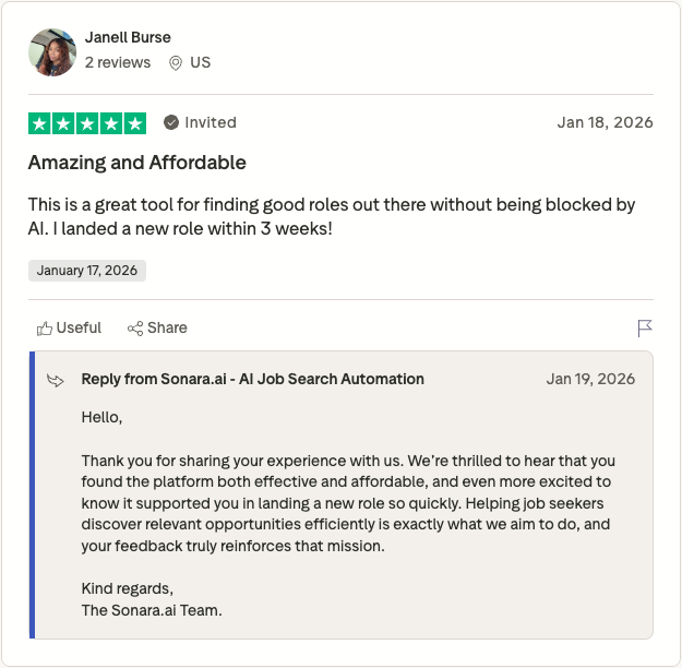 Positive 5-star Trustpilot review of Sonara - user landed a new role within 3 weeks